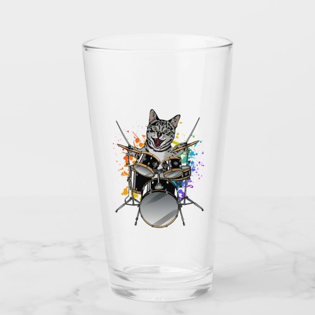 Cat Drummer Playing Drums Drinking Glass (Front)