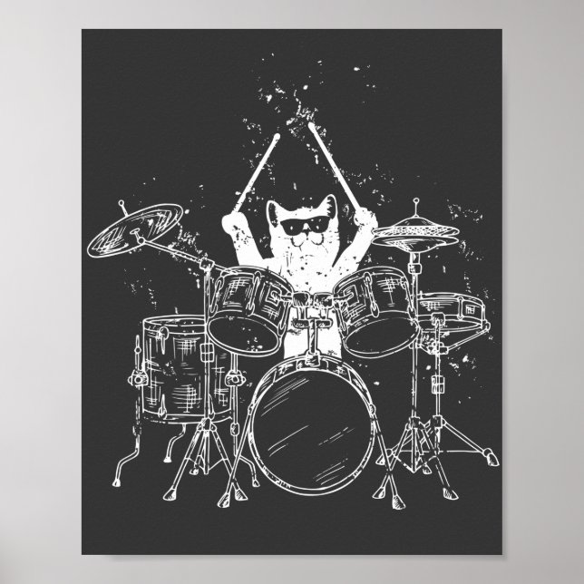 Cat Drummer Playing Drums Poster (Front)