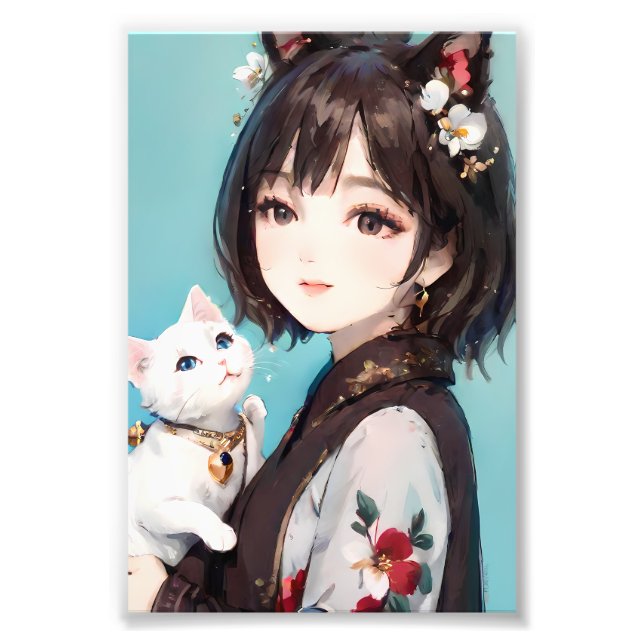 Cat-Eared Girl Holding a Cute Cat Whimsical Photo Print (Front)