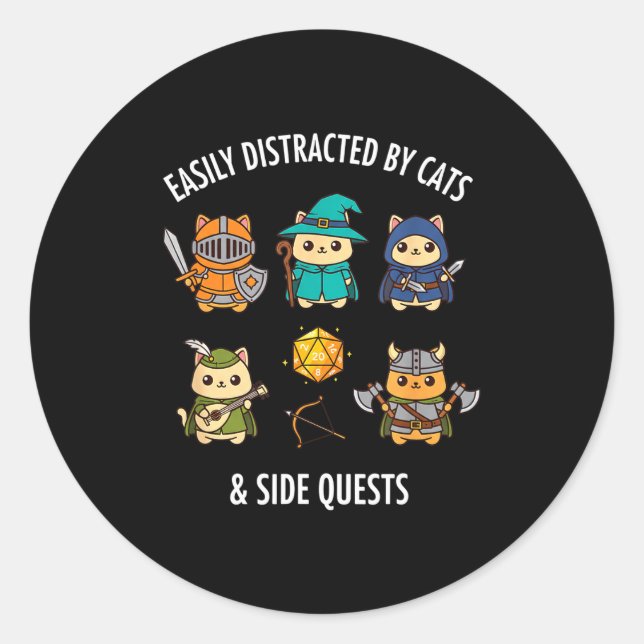 Cat Easily Distracted By Cat &amp; Side Quests Rpg Classic Round Sticker (Front)