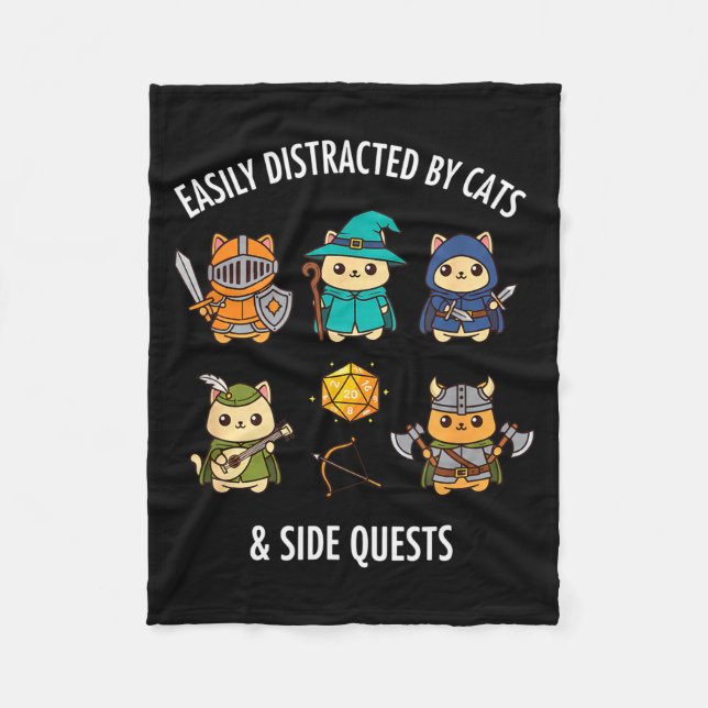Cat Easily Distracted By Cat &amp; Side Quests Rpg Fleece Blanket (Front)