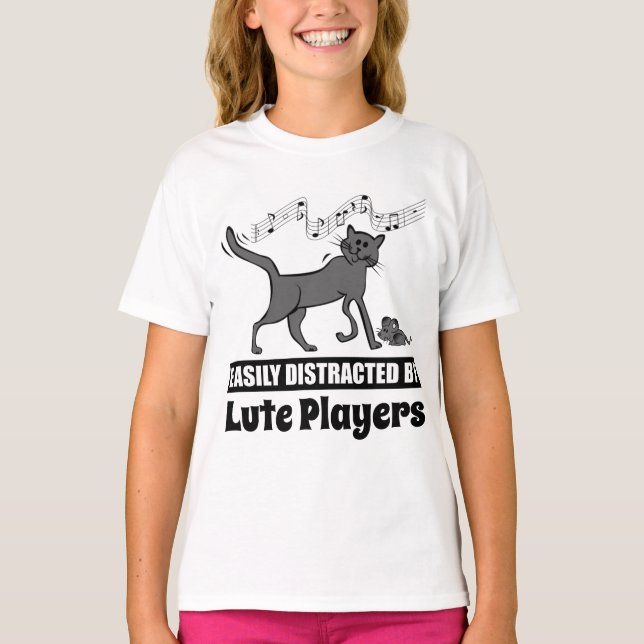 Cat Easily Distracted by Lute Players T-Shirt (Front)
