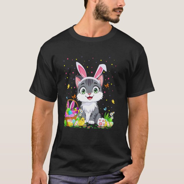 Cat Easter Egg Hunt Bunny Ear Cat Happy Easter T-Shirt (Front)