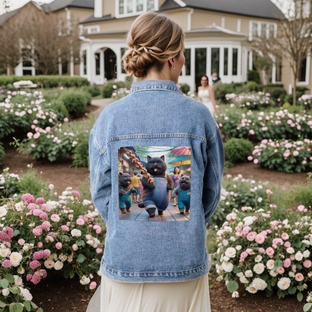 Cat eating a meat ball handle and friends  denim jacket (Wedding Back)