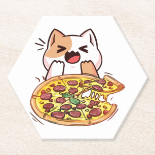Cat Eating A Pizza Paper Coaster