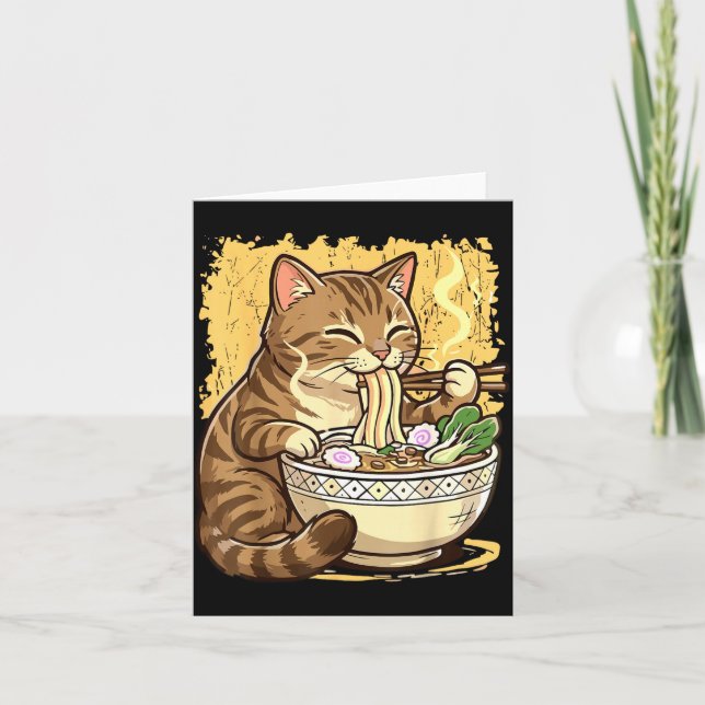 Cat Eating Japanese Ramen Noodles Card (Front)