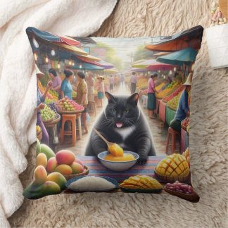 Cat eating Khawneawmamuang in Thailand Cushion