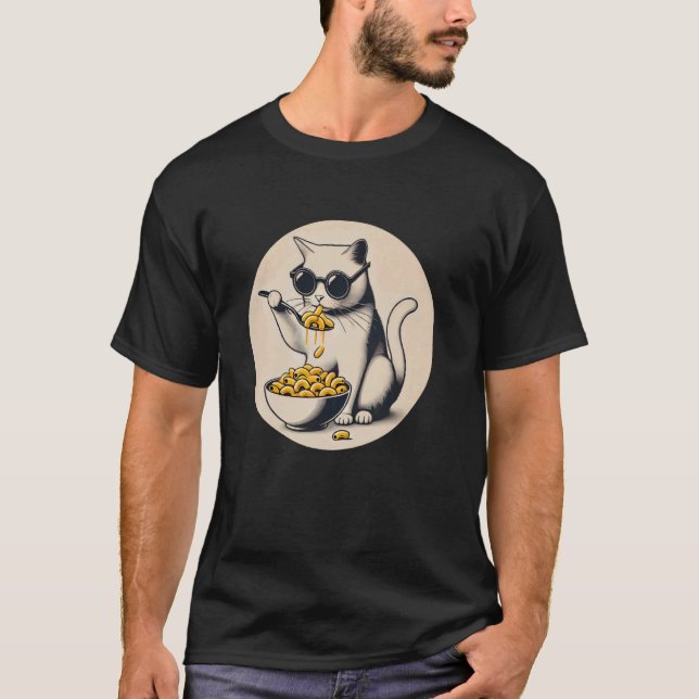 Cat Eating Mac and Cheese T-Shirt (Front)