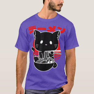 Cat Eating Noodles Japanese Aesthetic Ramen Funny  T-Shirt