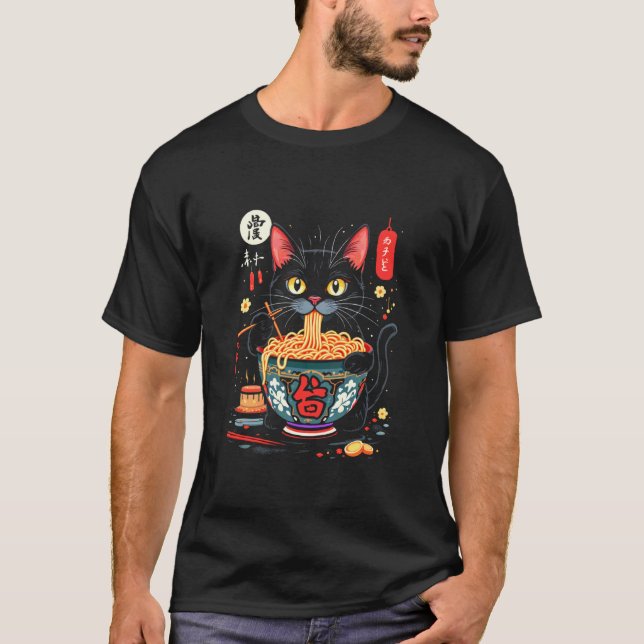 Cat Eating Noodles T-Shirt (Front)