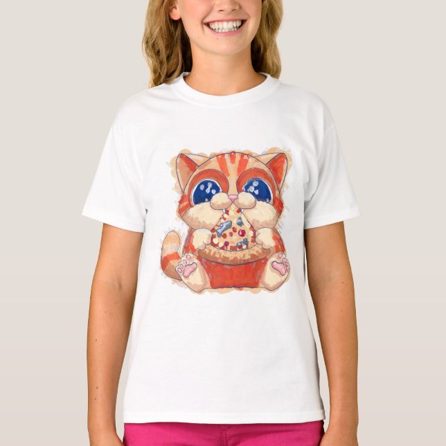 Cat Eating Pizza colour T-Shirt (Front)
