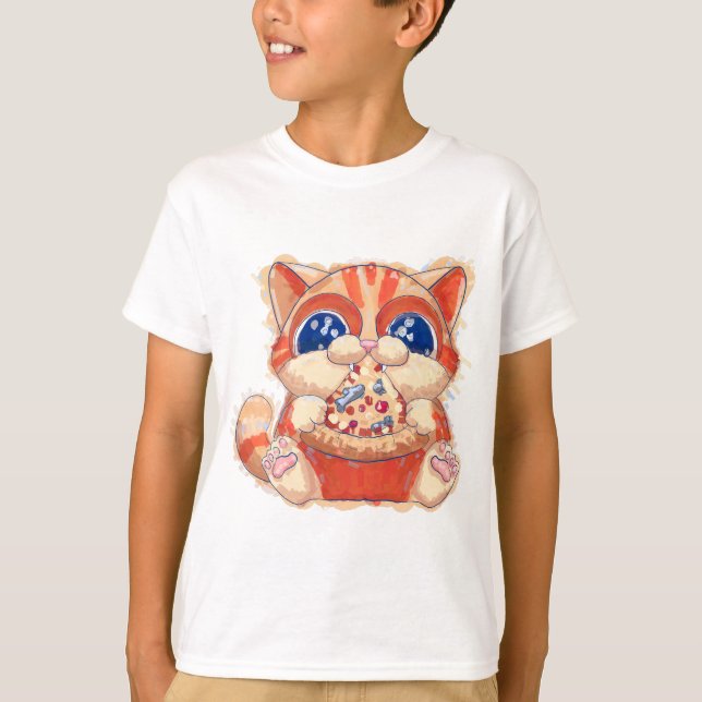 Cat Eating Pizza colour T-Shirt (Front)