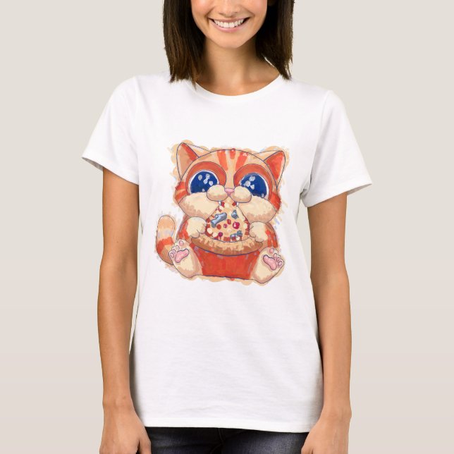 Cat Eating Pizza colour T-Shirt (Front)