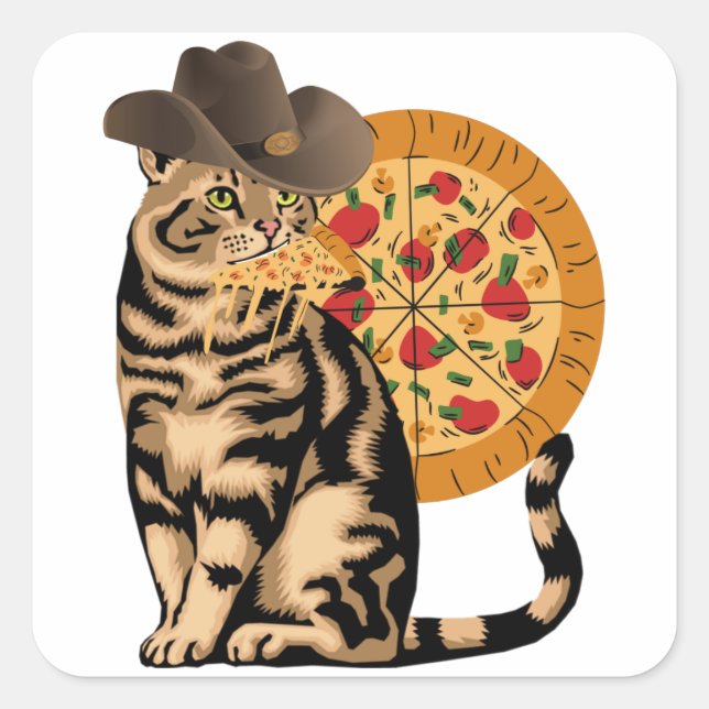 Cat eating pizza square sticker (Front)