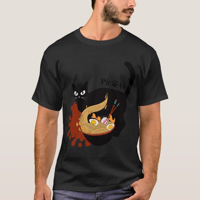 Cat Eating Ramen. Crazy Hungry Black Cat from Hell T-Shirt (Front)