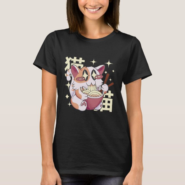 Cat Eating Ramen Food T-Shirt (Front)