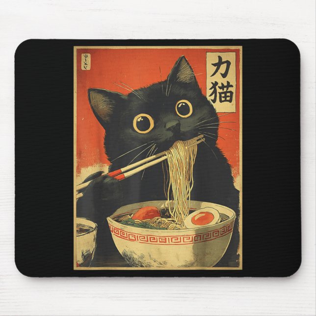 Cat Eating Ramen Funny Japanese Kawaii Cat Anime L Mouse Pad (Front)