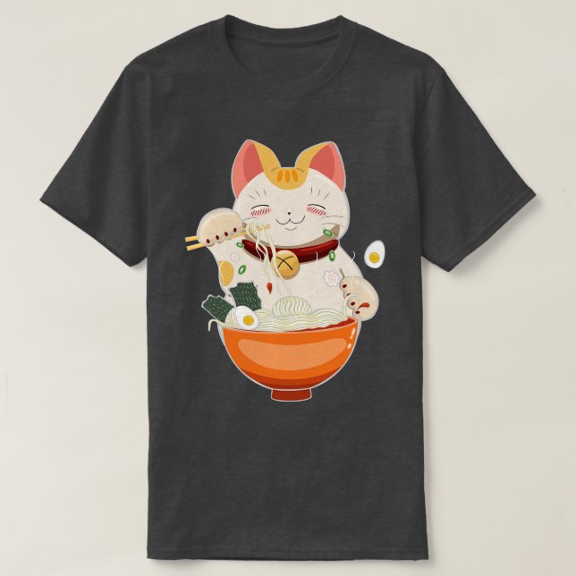 Cat Eating Ramen In Bowl  T-Shirt (Design Front)