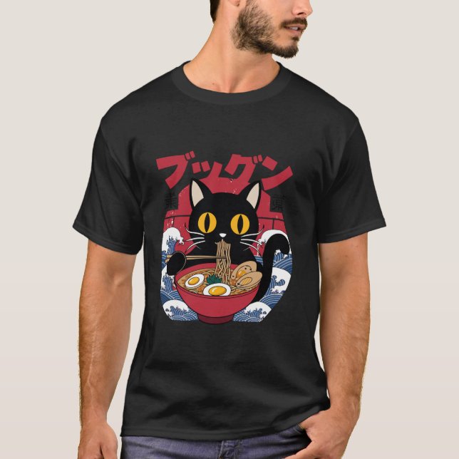 Cat Eating Ramen Japanese Noodles Ramen Cat T-Shirt (Front)