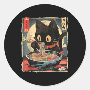 Cat Eating Ramen Noodle Funny Japanese Kawaii Anim Classic Round Sticker