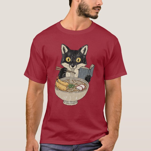 Cat Eating Ramen Reading Book T-Shirt (Front)