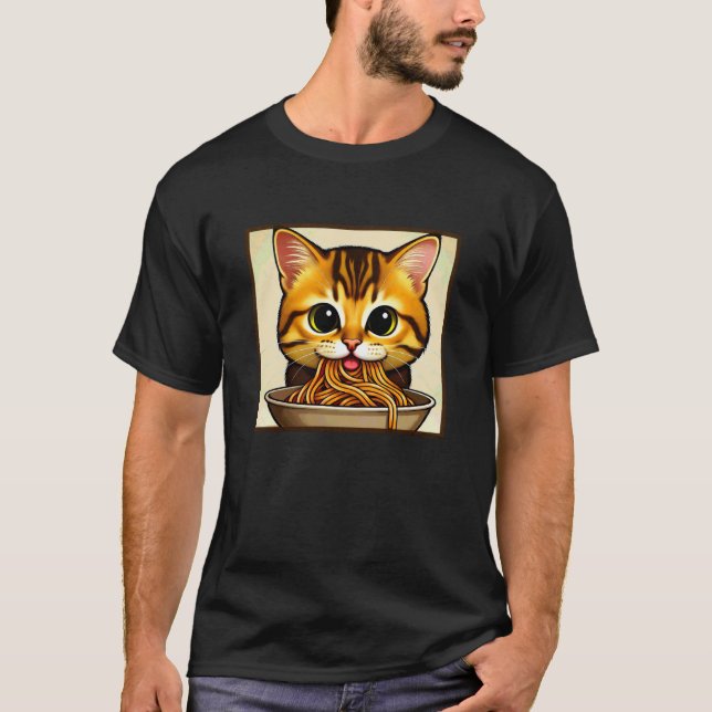 Cat Eating Spaghetti Funny T-Shirt (Front)