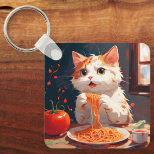 Cat eating spaghetti key ring