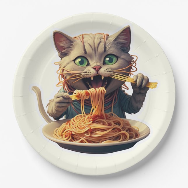 Cat Eating Spaghetti Paper Plate (Front)