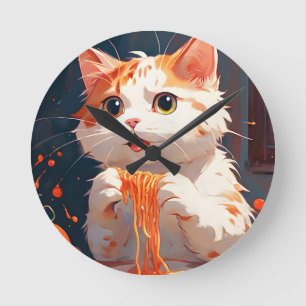 Cat eating spaghetti round clock