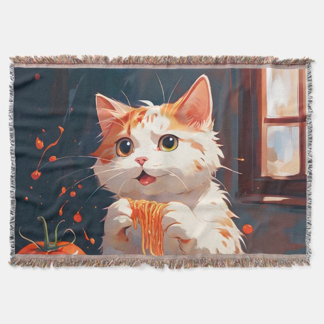 Cat eating spaghetti throw blanket (Front)