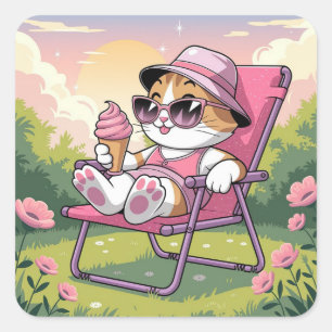 Cat eating summer ice-cream square sticker