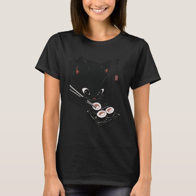 Cat Eating Sushi Funny Japanese Kawaii Cat Anime L T-Shirt (Front)
