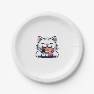 Cat eating sushi   paper plate