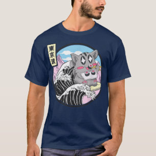 Cat Eating Sushi Surfing Kanagawa Wave Anime Cute  T-Shirt