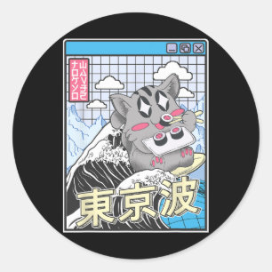 Cat Eating Sushi Surfing Kanagawa Wave Kawaii Vapo Classic Round Sticker