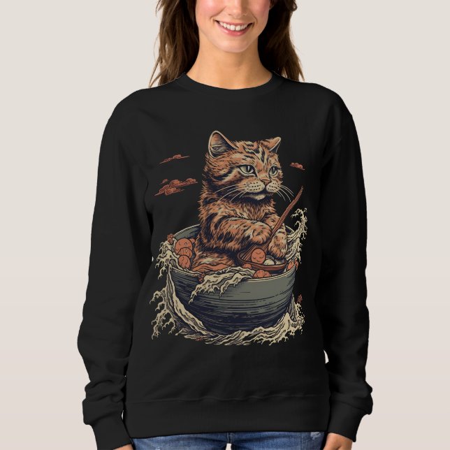 cat eats Ramen, Wave of Kanawaga Sweatshirt (Front)