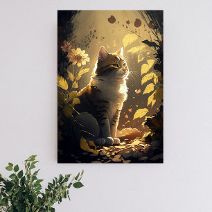 Cat Enjoying the Sunshine in a Garden of Flowers Poster