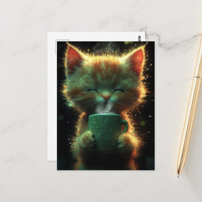 Cat Enjoys Some Coffee Postcard (Front/Back In Situ)