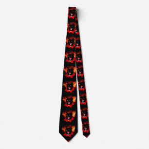 Cat evil with fangs in black red mantle tie