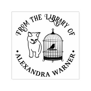 Cat Eying Bird in Cage Round Library Book Name Self-inking Stamp