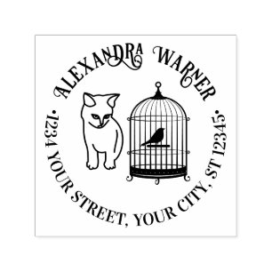 Cat Eying Bird in Cage Round Name Return Address Self-inking Stamp