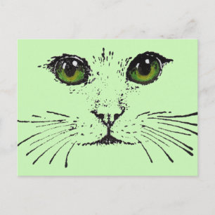 Cat Face Black Drawing Vibrant Green Eyes Postcard