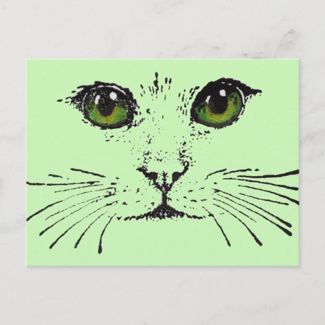 Cat Face Black Drawing Vibrant Green Eyes Postcard (Front)