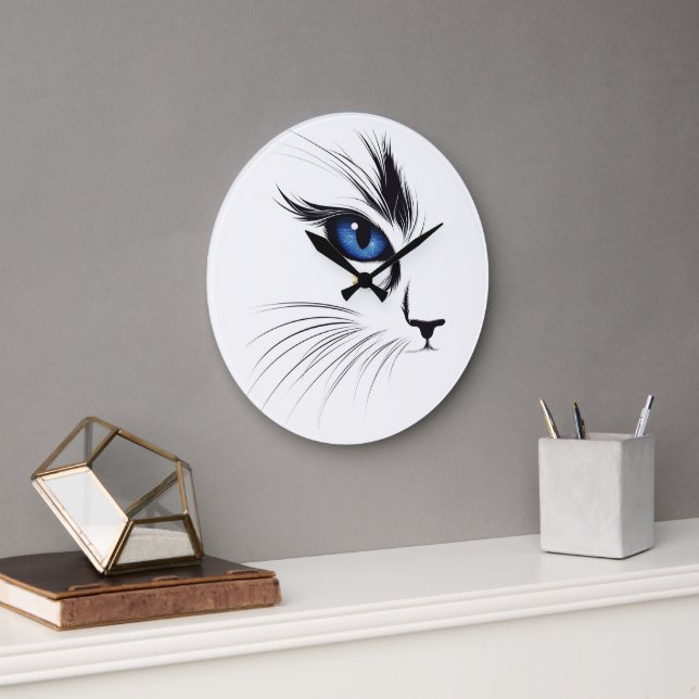  Cat Face Blue Eye Modern Cat Lover  Large Clock (Office)