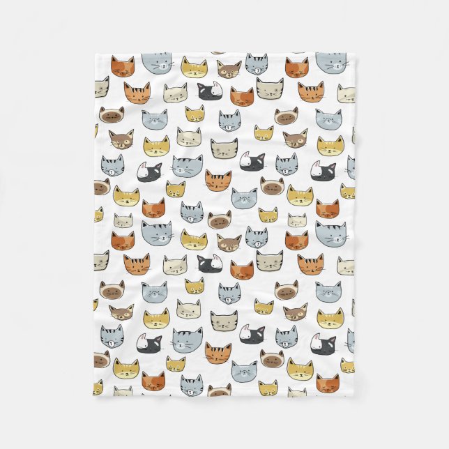 Cat Face Doodle Pattern Fleece Blanket (Front)