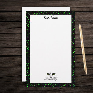 Cat Face Drawing Vibrant Green Eyes Dotted Border Stationery