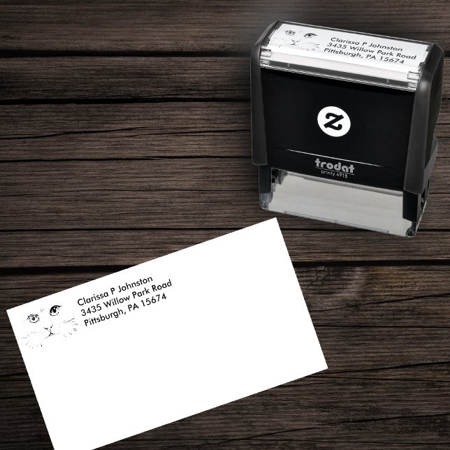 Cat Face Etching in Black Big eyes Long Whiskers Self-inking Stamp (Cat face drawing with long whiskers on return address self inking stamp.)