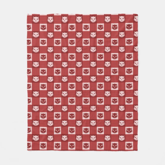 Cat Face Gingham Pattern Cute Red Fleece Blanket (Front)