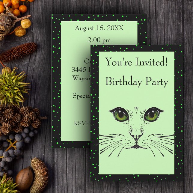Cat Face Green Eyes Whiskers on Green Polka Dots Invitation (Cat Face Green eyes whiskers black green dotted border on light green birthday party invitations.)