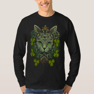 Cat Face Head Mandala Irish Shamrock C St Patricks T-Shirt